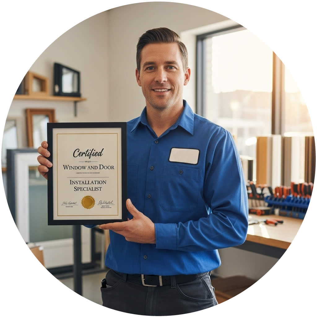 Immagine operatore serramentista con attestato in mano